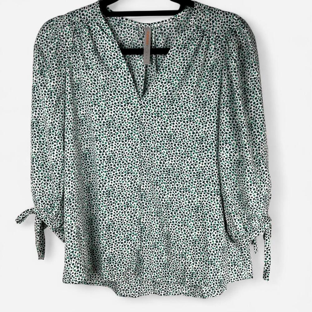 Renee C. - Women's Green Splash Dot V-Neck Blouse Tie Sleeves - Size Small
